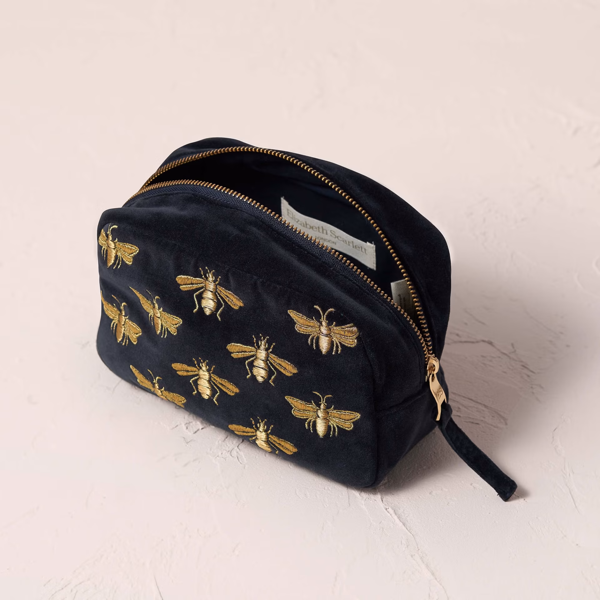 Elizabeth Scarlett Honey Bee Cosmetic Bag in cotton velvet combines style, beauty and practicality in one, creating the perfect makeup bag