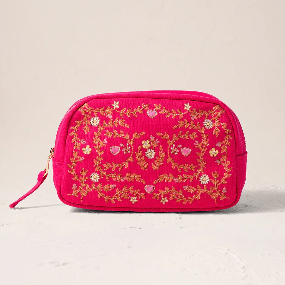 Unique Elizabeth Scarlett Mediterranean Garden Cosmetic Bag with beautiful embroidery on organic cotton