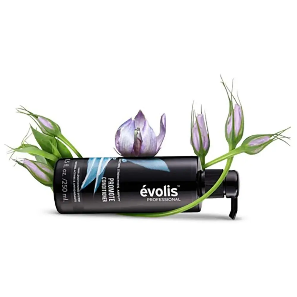Evolis Promote Conditioner bottle wrapped in lilac flowers
